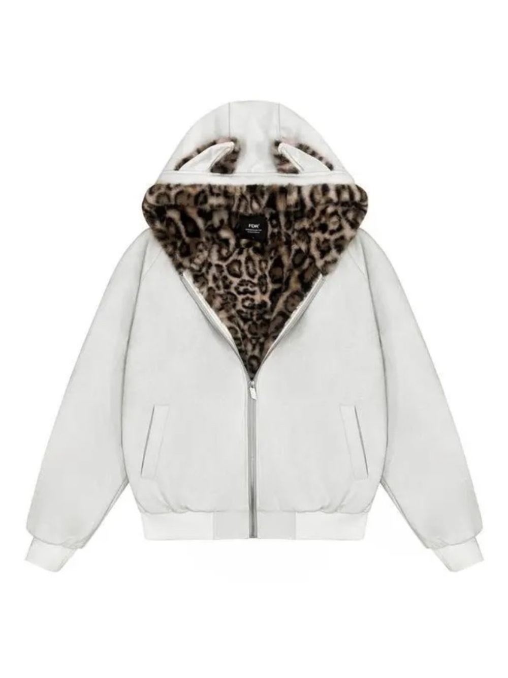 FDR Synthetic Suede Jacket with Cat Ears and Leopard Print Lining size Medium